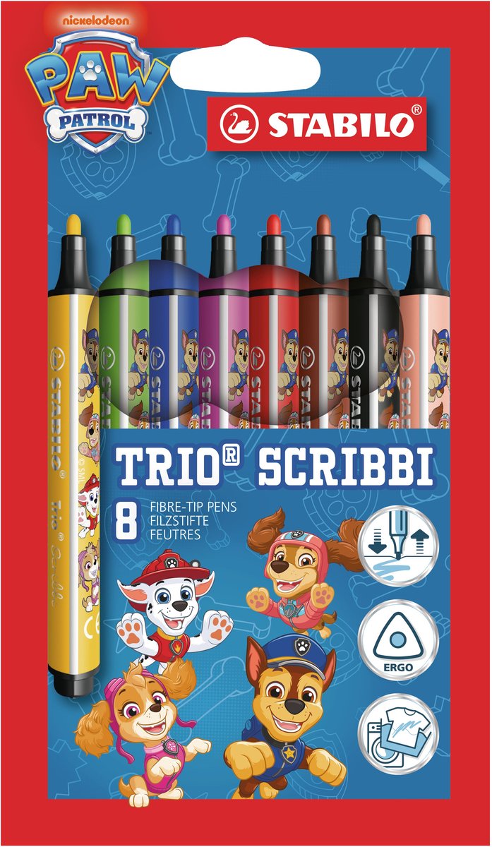 STABILO x PAW Patrol Trio Scribbi - Ergnomische Viltsift Met PAW Patrol Opdruk - Etui Met 8 Kleuren