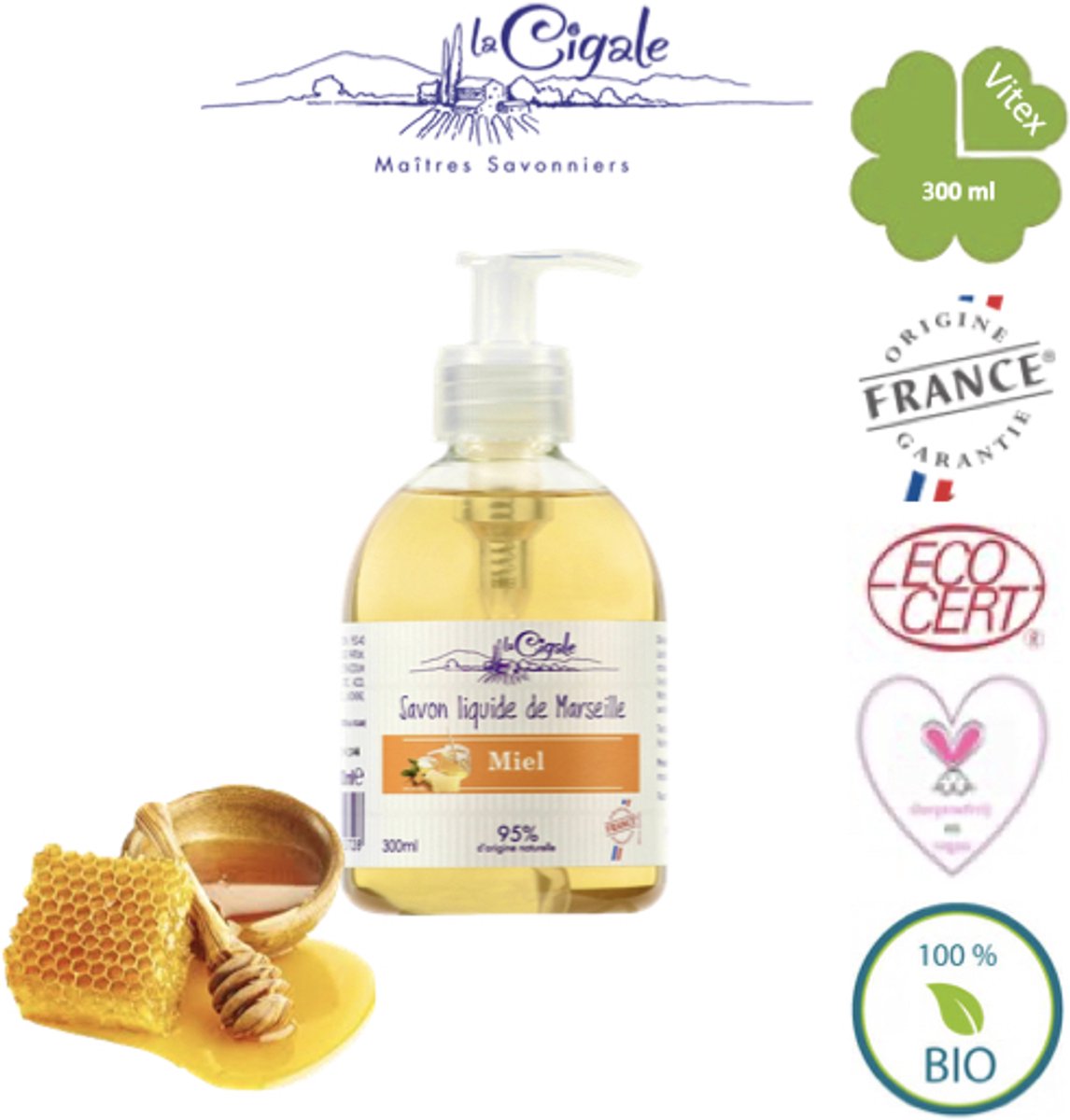 La Cigale Marseille vloeibare Zeep met Honing 300 ml - ingrediënten van natuurlijke oorsprong 95%
