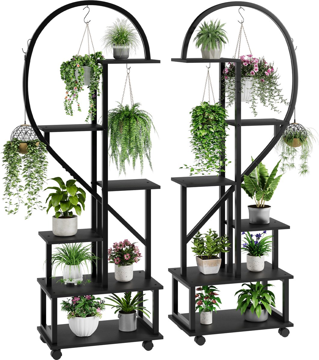 Plantenstandaard 6 Lagen Halve Hart Ontwerp 2 Stuks - 56x28x173cm - Hoge Plantenrek Met Wieltjes - Metalen Hoekplank - Voor Woonkamer Balkon - Zwart