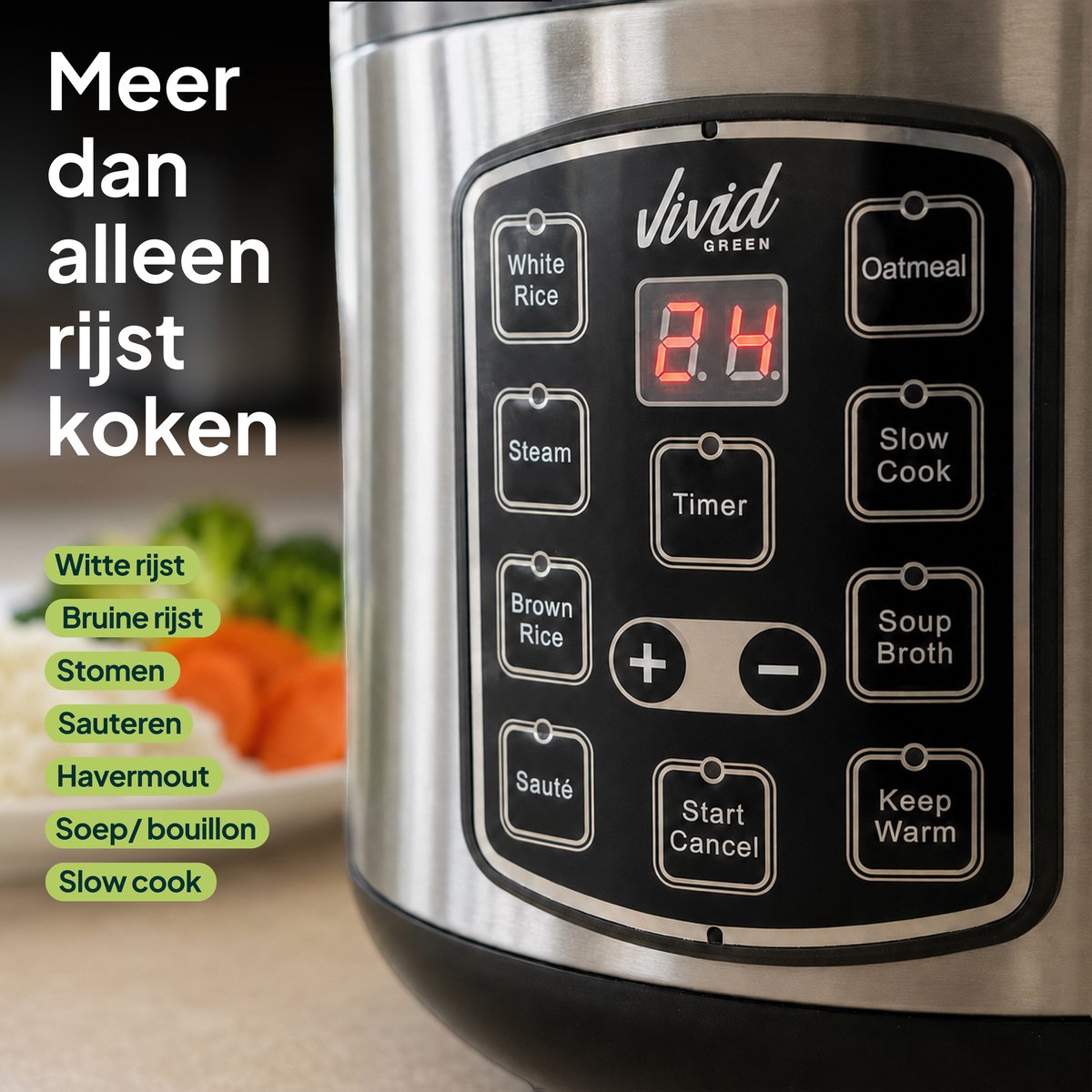 Rijstkoker met Stomer - 1.5L - Slowcooker met Timer - 8 Porties - Multicooker - Rice Cooker - RVS - Vivid Green – foto 5