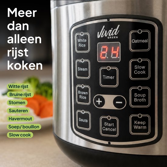Zilverkleurige multicooker met bedieningspaneel: White Rice, Steam, Brown Rice, Sauté, Oatmeal, Slow Cook, Soup Broth, Keep Warm, Timer.