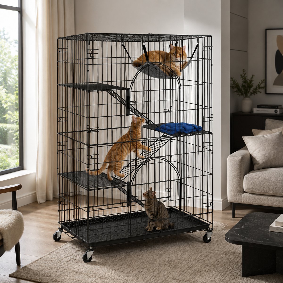 Kattenkooi met Wielen – Kattenren & Kattenbench voor Binnen – Kattenhuis met 4 Verdiepingen, Hangmat, Plateaus en Rampen – Metalen Kattenverblijf met Uitneembare Bak – Zwart