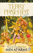 Boekomslag van 'Men at Arms' door Terry Pratchett, met drie fantasy-personages die vechten met zwaarden en bijlen in een fantasiewereld.