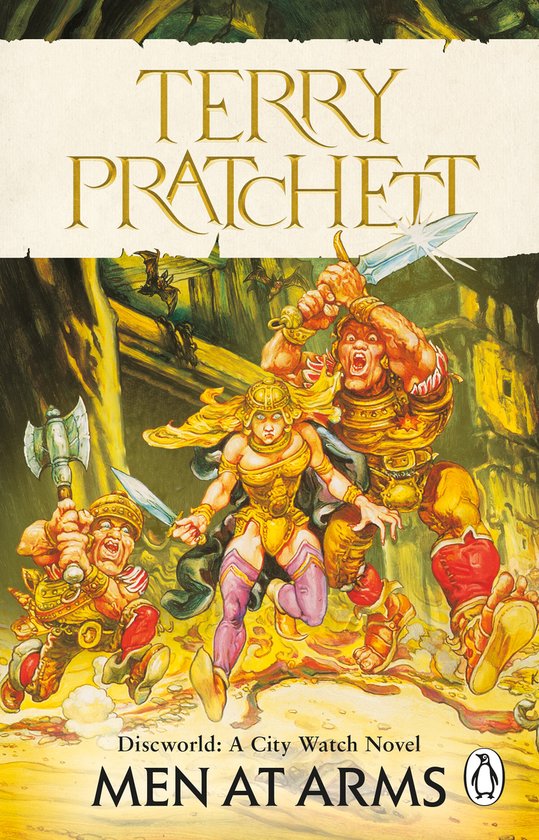 Boekomslag van 'Men at Arms' door Terry Pratchett, met drie fantasy-personages die vechten met zwaarden en bijlen in een fantasiewereld.