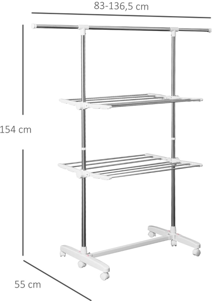 Droogrek 83-136,5×55×154 cm wit metalen frame handdoekrek 3 lagen opvouwbaar ontwerp uitschuifbare bovenstang met 6 wielen 360° draaibaar voor binnen en balkon