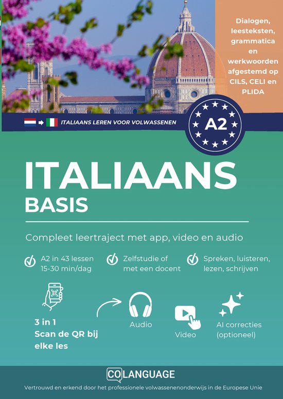 Italiaans A2 basis, leerboek met app, video en audio. Titel: ITALIAANS BASIS.