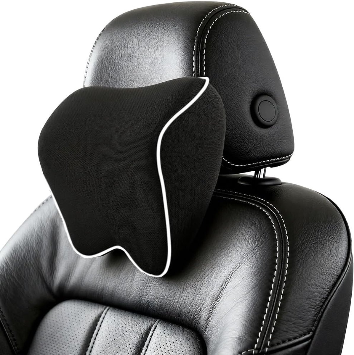 Autokussen voor neksteun van traagschuim (zwart met witte rand) – 23×25×11 cm - Verstelbare gesp - Afneembare hoofdsteunhoes met rits - Verlicht nekvermoeidheid - Geschikt voor auto's, thuis en op kantoor