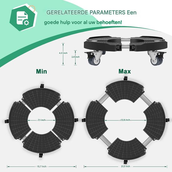 Gerelateerde parameters: Minimale afmetingen 7.1 inch breedte, 4.0 inch hoogte. Maximale afmetingen 13.8 inch breedte, 21.0 inch diameter.