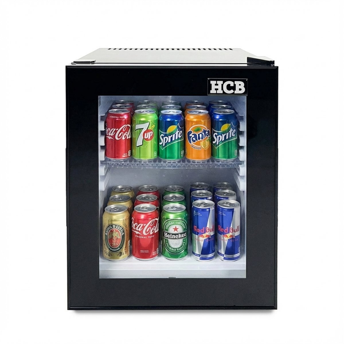 HCB® - Professionele Horeca Minibar koeling - 32L - Mini Koelkast met glazen deur - Kleine drankenkoelkast - D - Zwart - Flessenkoelkast - Bier koelkast - tafelmodel - 38.5x45.2x48.6 cm (BxDxH) - 11 kg - Frigo - 9967