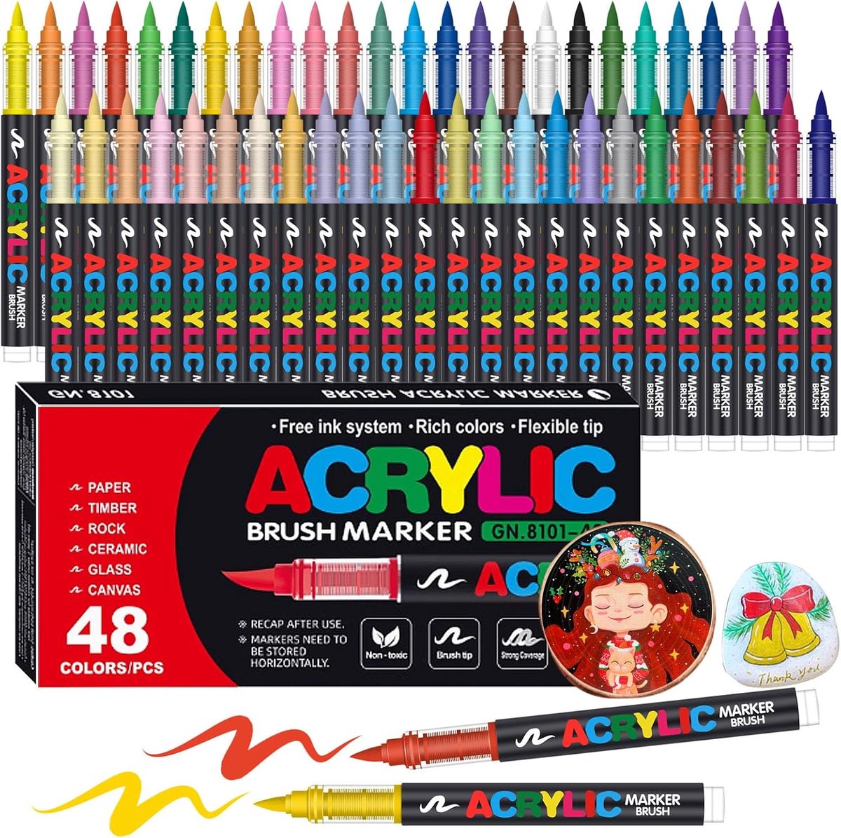casalora—Permanente acrylverfmarkers – 48 kleuren – Flexibele punt van 1-5 mm – Waterdicht en sneldrogend – Rijke kleuren – Niet-giftig – Geschikt voor hout, papier, glas, keramiek, canvas en steen – Schilder- en doe-het-zelfset