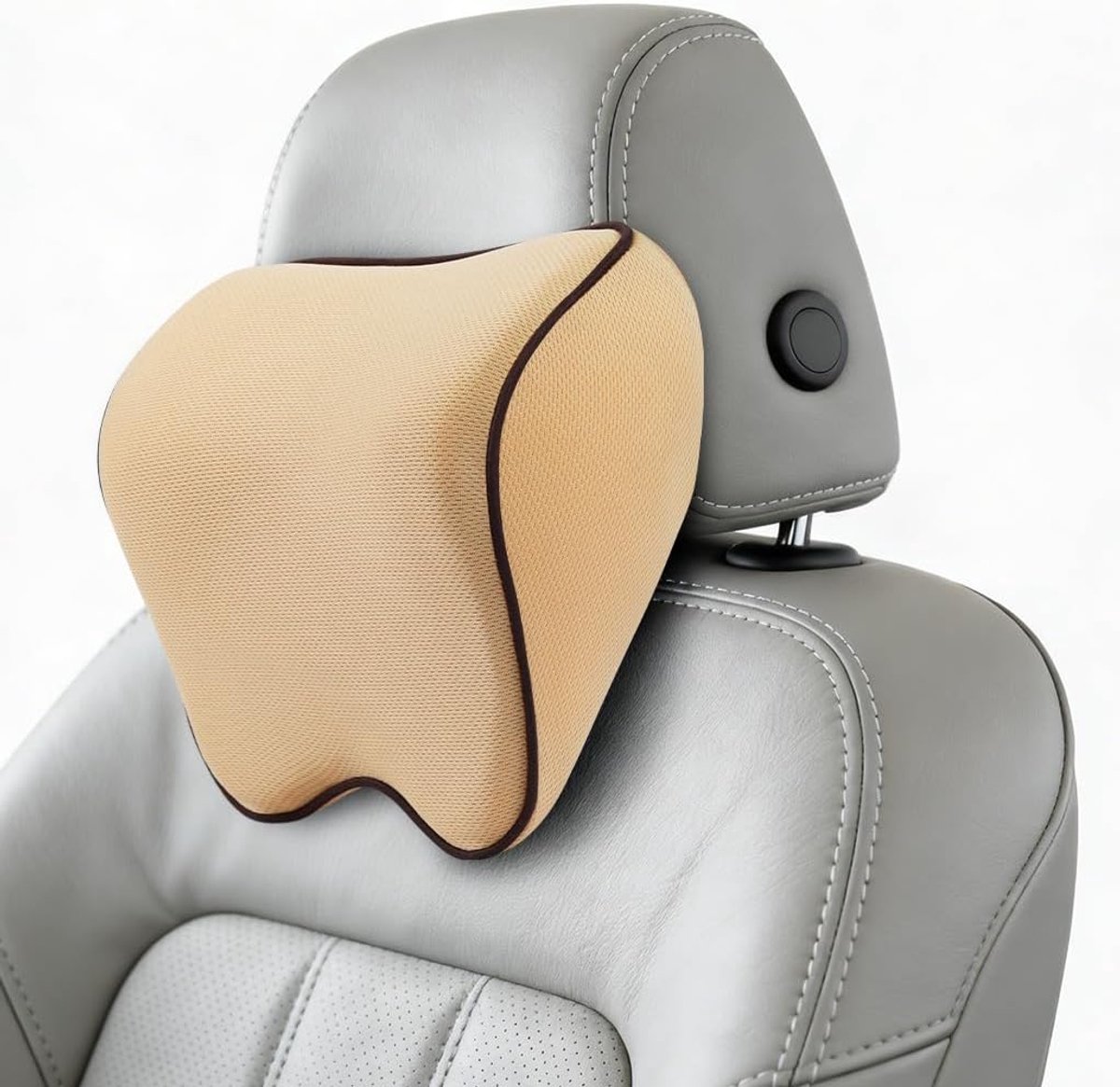 Autokussen met traagschuim (beige) – 23×25×11 cm - Verstelbare gesp - Afneembare hoofdsteunhoes met rits - Verlicht nekvermoeidheid - Geschikt voor auto's, thuis en op kantoor