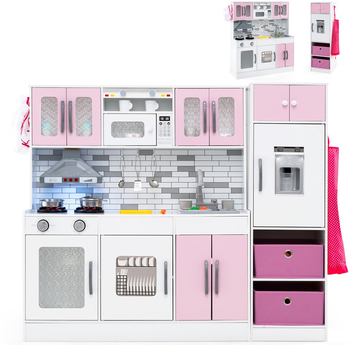 COSTWAY Modulaire keuken voor kinderen met 22 accessoires, houten speelkeuken met koelkast, stoffen manden, waterfunctie, licht en geluid, speelgoed keuken voor kinderen vanaf 3 jaar