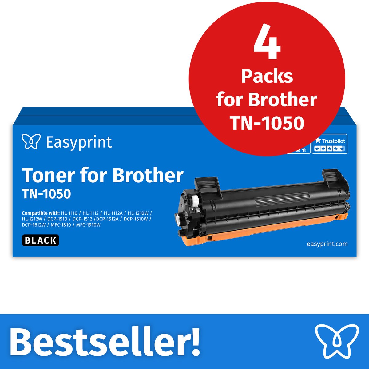 NIEUW: Easyprint Toner voor Brother TN1050, compatibel met Brother DCP 1510, HL 1110, MFC 1810, e.d., 4 stuks