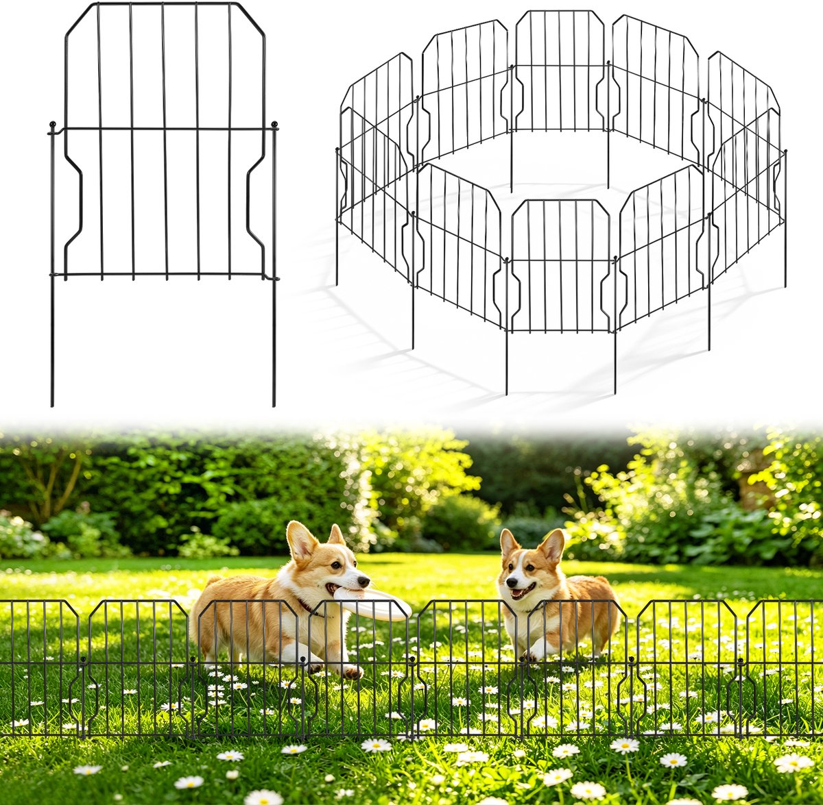 Lemlit Tuinhek 10 Stuks - Metalen Insteekhek, Borderhek, Sierhek, Dierenhek en Parkhek met Insteekstangen voor Tuin Gazon Bloemperk - 33 x 41 cm + Stang 43 cm - Zwart