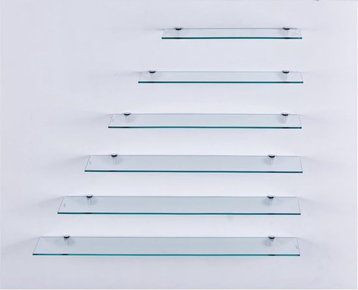 Wandplank met Helder Glas - Wandplank Badkamer - Wandplank Rechthoekig - Plankhouders van Metaal - Veiligheidsglas 6mm - Maximale Belasting 8 kg - Glazen Plank