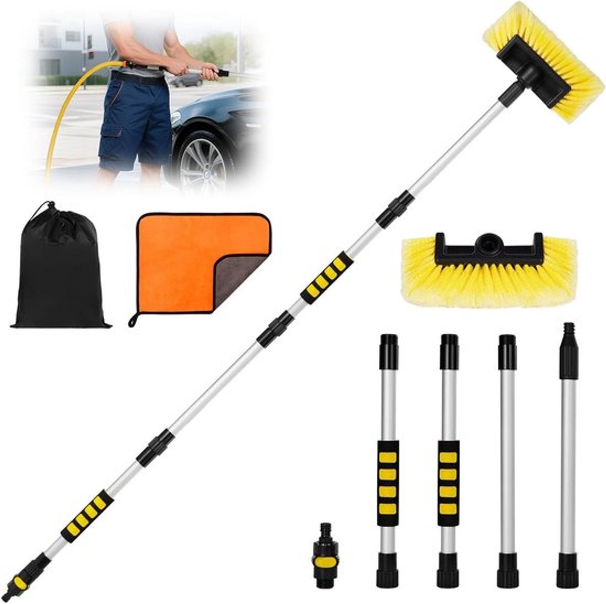 Verlengbare Carwash Borstel met Lange Handgreep, Inclusief 1/2-Inch Slangconnector, Microvezeldoek en Opbergtas, 26CM Zachte Borstelkop voor Caravan, Ramen en Boot Reiniging