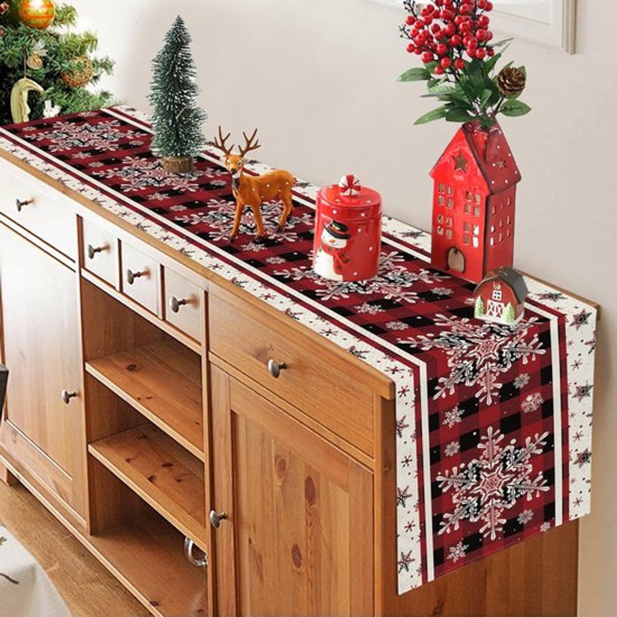 Tafelloper Kerstmis 180 x 33 cm Rood Sneeuwvlokken Tafelkleed Kerstloper Kersttafel Tafeldecoratie Feestelijke Tafelloper Kerstviering