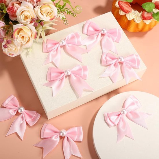 12 Stuks Roze Strik Cupcake Toppers, Dubbel Laags Versiering met Parels voor Verjaardagsfeest, Bruiloft en Babyshower Decoratie — afbeelding 4