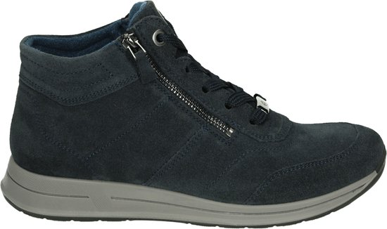 Blauwe suède hoge sneaker met rits en veters, grijze zool