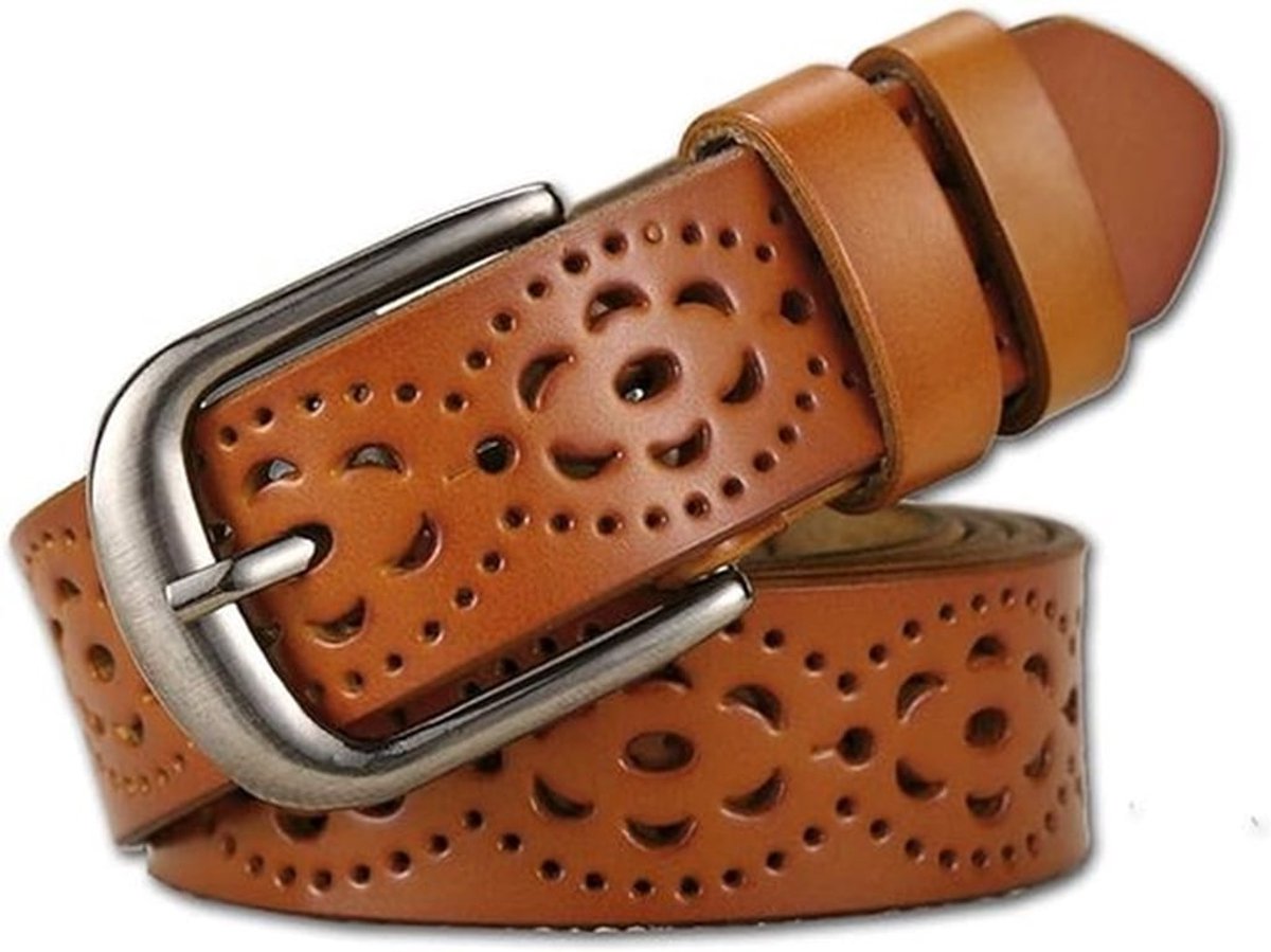 Dames riem - Tailleband - Vintage damesriem van echt leer - Modieus uitgesneden bloemenpatroon - Damesriem - Gouden gesp - Perfect voor jeans