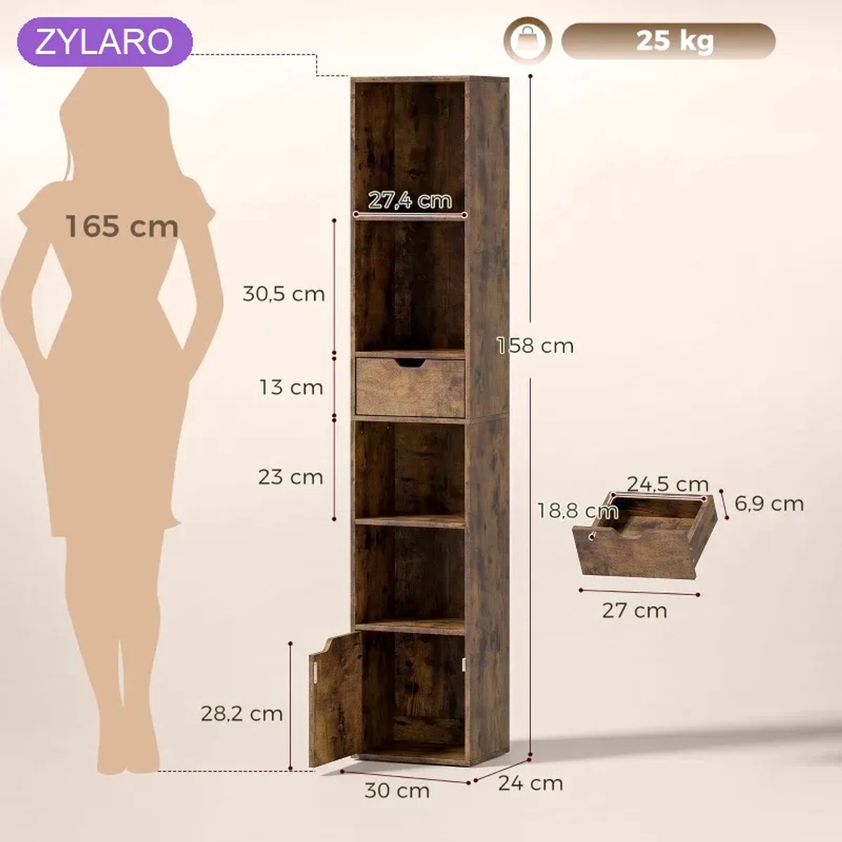 Opbergkasten - Boekenkast met 6 Lagen en op 3 Niveaus Verstelbare Planken - Met Ladekastdeur en Displayplank - Bruin