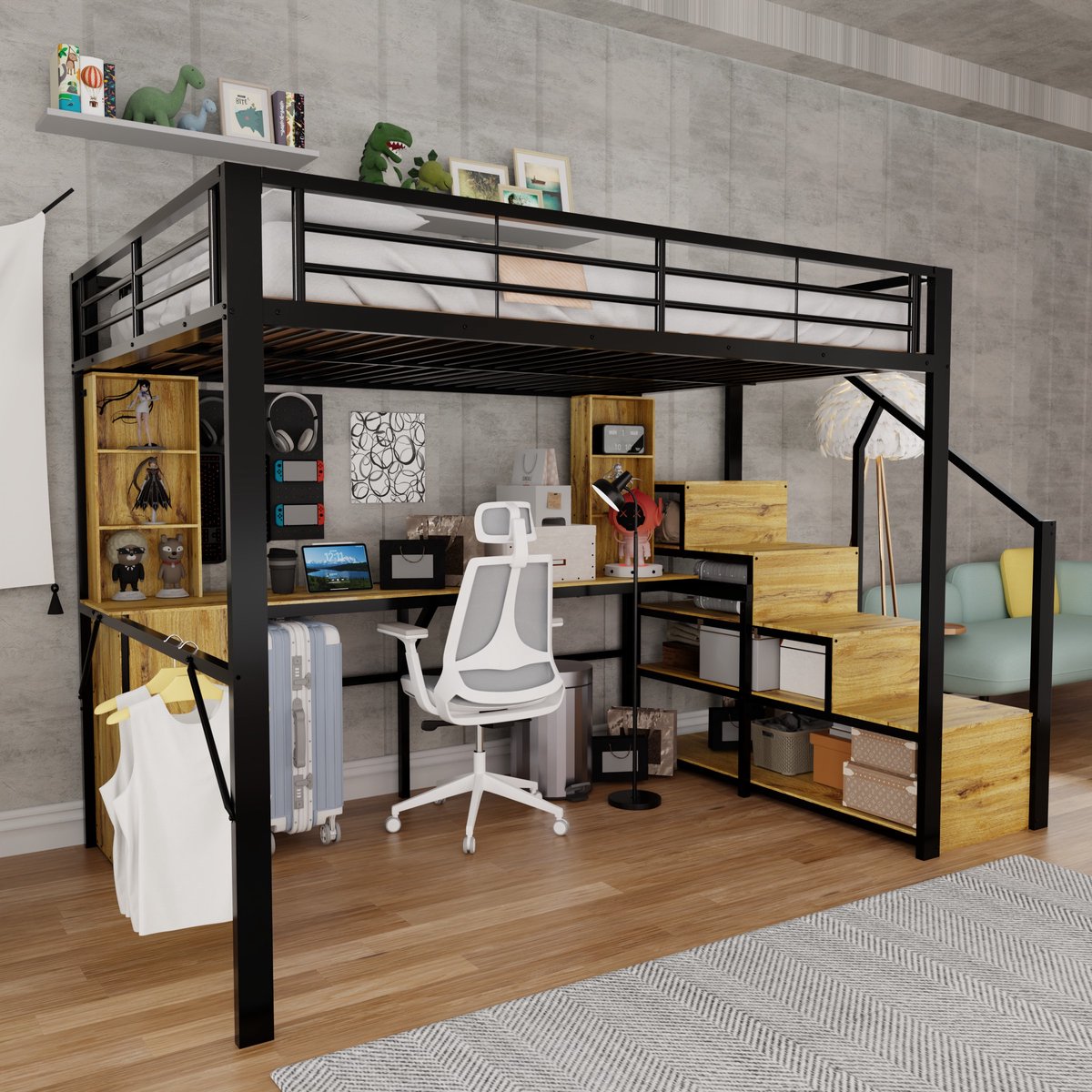 Kinderbed, Metalen Hoogslaper, 140 X 200 cm, Met Stevige IJzeren Constructie, Praktisch Bureau, Opbergvakken, Kledingkast, Opbergtrap En USB-Oplaadpoort Op Het Tafelblad – Zonder Matras, In Zwart.