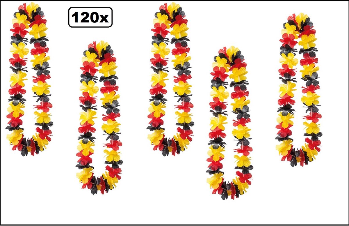 120x Hawai slinger zwart/geel/rood - bloemenkrans - Belgium Voetbal thema feest hawaii krans Belgie Duitsland