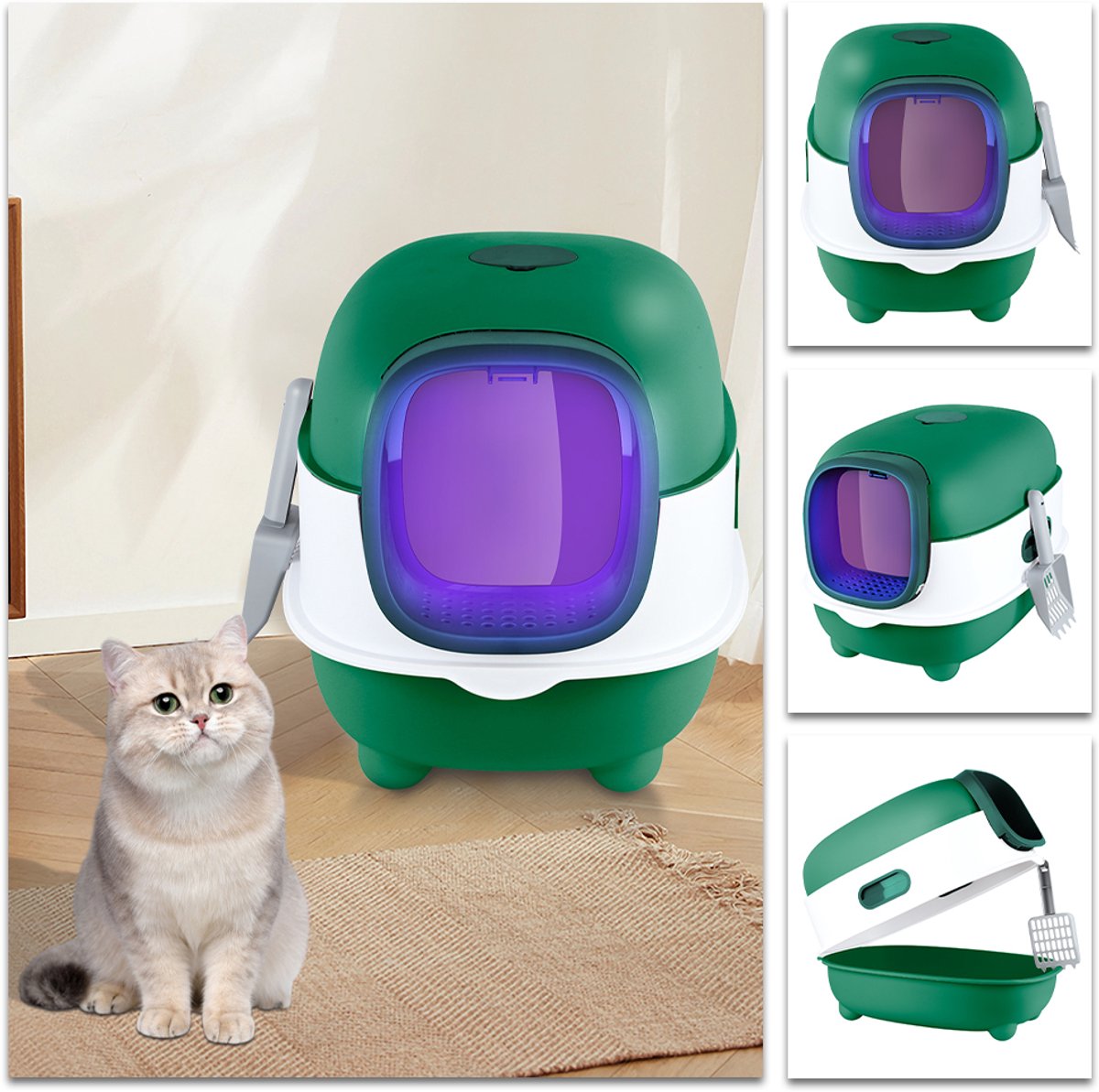 PIPIPOXER Kattenbak met lade - Incl. Geurneutralisator -Kattentoilet met Schep - Opvouwbare Gesloten Kattenbak met Lade - - 2 in 1 Open Kattenbak - Kattentoilet -39x56x40cm -groente