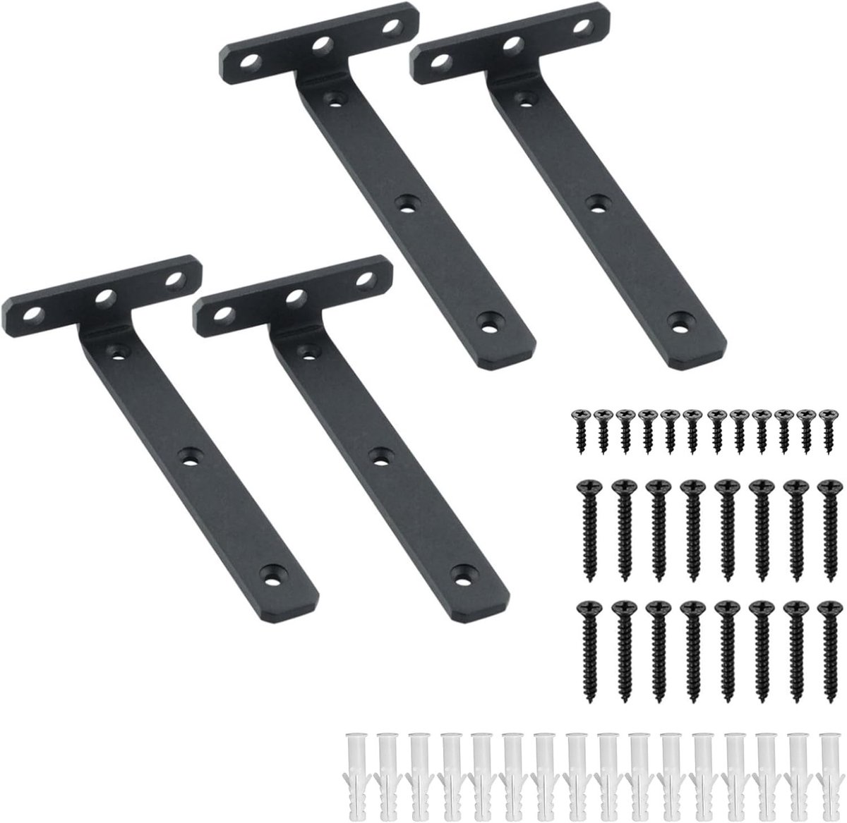 Set van 4 Zwarte Wandplanksteunen, Stevige L-vormige Metalen Plankbeugels voor Muurbevestiging, Ideaal voor Planken en Wanddecoratie