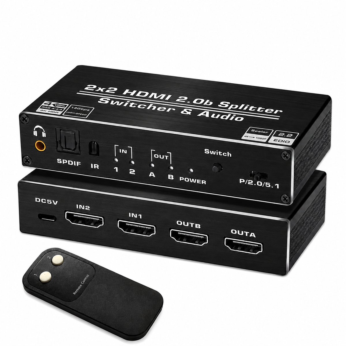 HDMI Matrix Switch 2x2 – HDMI Switch & Splitter – 4K 60Hz HDMI 2.0 – 2 In 2 Uit – Audio Extractor SPDIF & 3,5mm – 5.1 Audio – EDID 2.2 – Afstandsbediening