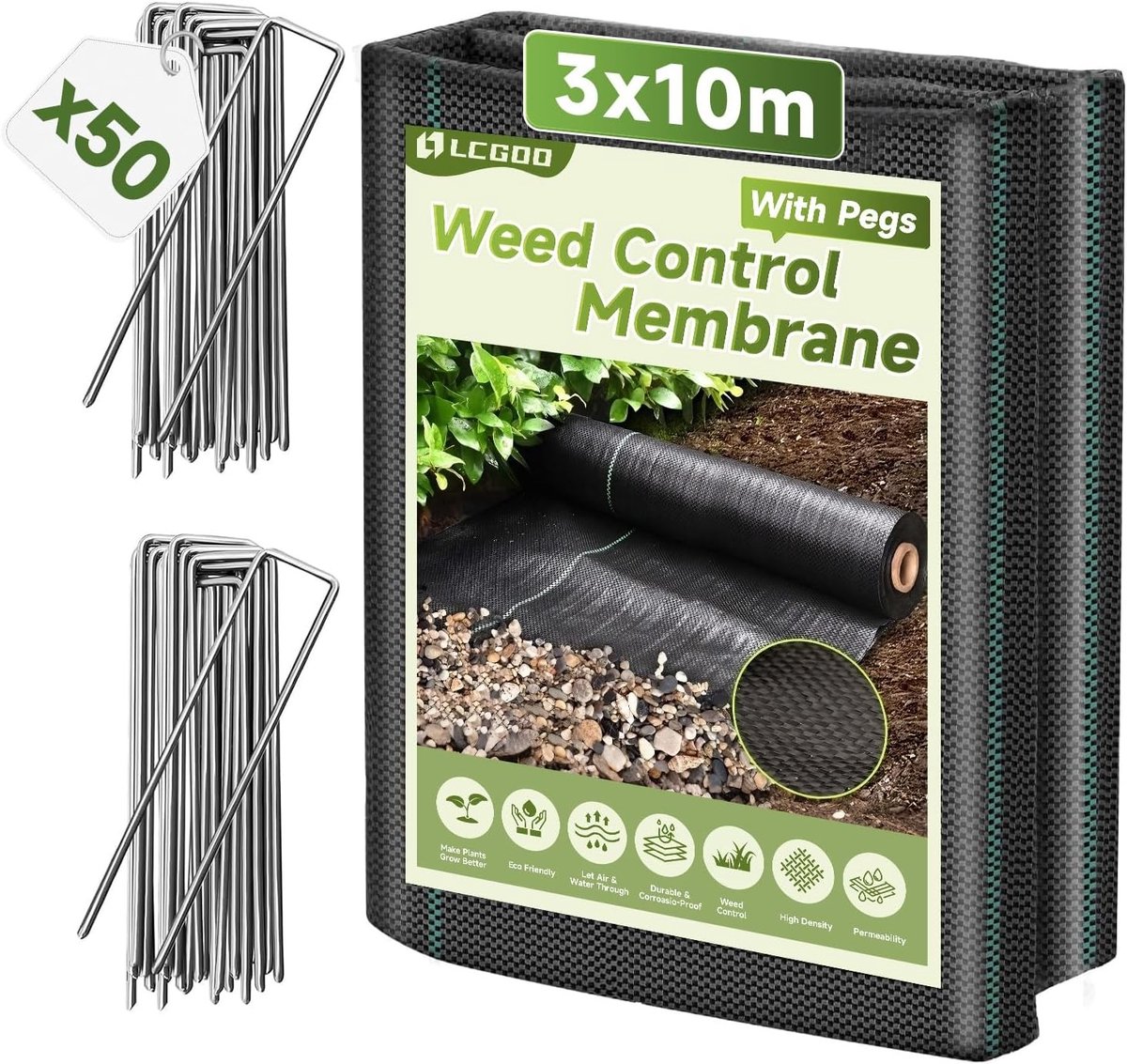 Onkruiddoek - Zwart - 3 x 10 m - Doorlatend Weefsel met 50 Haringen - Voor Bloembedden en Moestuinen