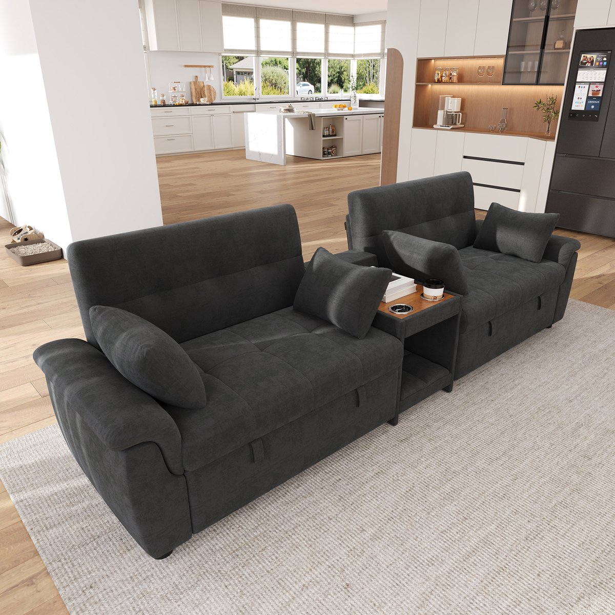 MODFU - U-Bank - Slaapbank - Uitrekbaar - Donkergrijs - Chenille - 284X138X89 Cm