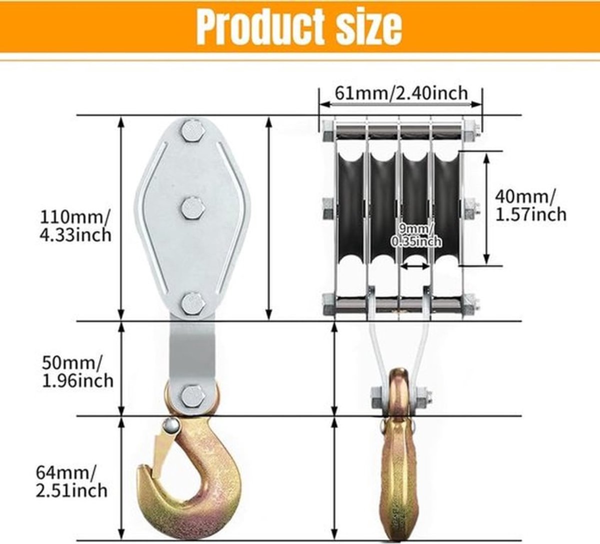 Katrol met nylon touw van 20 meter en 8 rollen - handmatige takel voor zware lasten - draagvermogen 998 kg