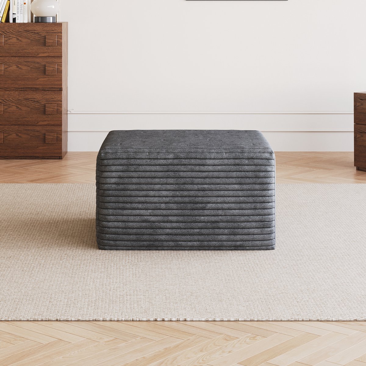 MEUNIQ Ottoman in donkergrijs, zachte corduroystof, modulair en zonder montage geleverd voor woon- en slaapkamer