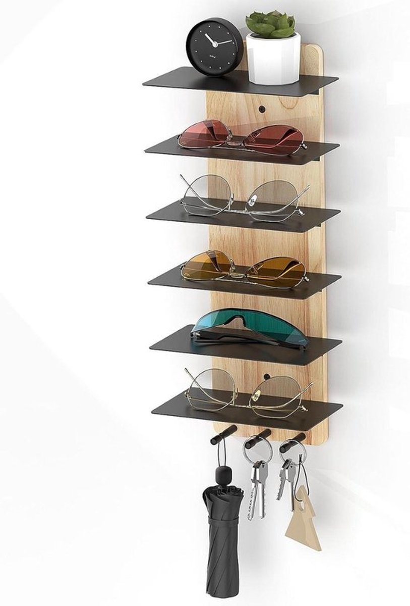 Zonnebril houder van hout met 6 niveaus en 3 haken, wandorganizer voor sleutels - entree, woonkamer, slaapkamer - modern design in hout en zwart metaal