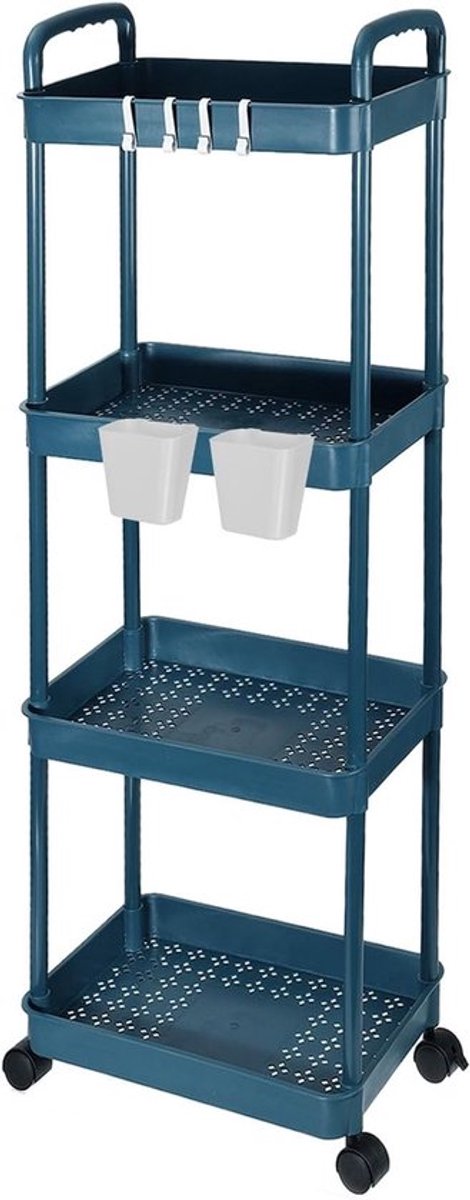 4-etage rolwagen met handvat, verplaatsbare opslag organizer met planken en hangmanden voor keuken, kantoor en badkamer, blauw