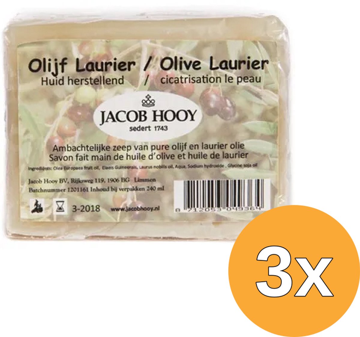3x Jacob Hooy Olijf Zeep Niet Vloeibaar (1 stuk)