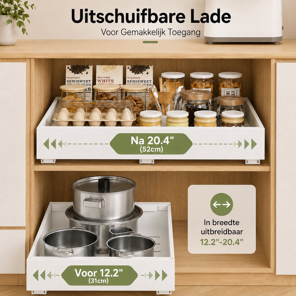 BOTC Uittrekbare Keukenkast Organizer - Verstelbare Kastlade 32-52 cm - Zonder Boren - Draagvermogen 25 kg - Voor Keukenkast & Voorraadkast - Wit — cadeau in Cadeau-ideeën - foto 4