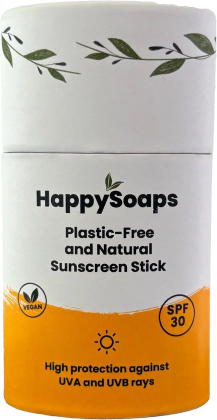 HappySoaps plasticvrije zonnebrandstick met SPF 30. Beschermt tegen UVA en UVB.