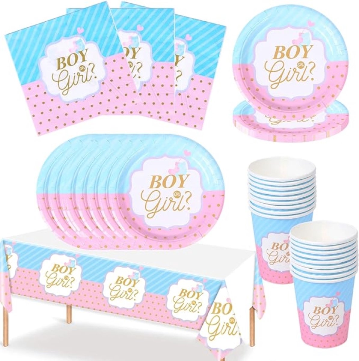 Gender Reveal Tafelservies voor 16 gasten – Kartonnen borden, servetten, bekers en tafeldecoratie – Babyshower accessoires