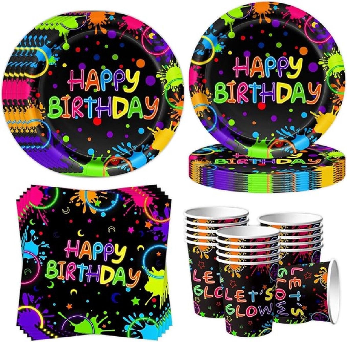 Neonkleurig feestservies voor 16 gasten, 52 stuks Happy Birthday partyborden, neon verjaardagsfeestservies, neonkleurige papieren borden, servetten, bekers, servies voor jongens en meisjes