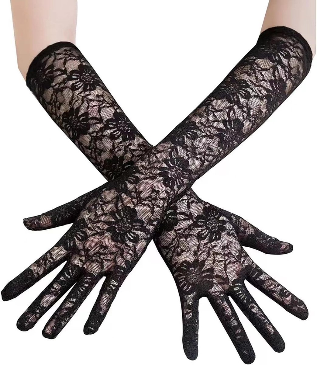Elegante Lange Zwarte Mouwen met Kant voor Bruiloft en Avondfeest - Gothic Look Handschoenen voor Dames, One Size (Ongeveer 35 cm)