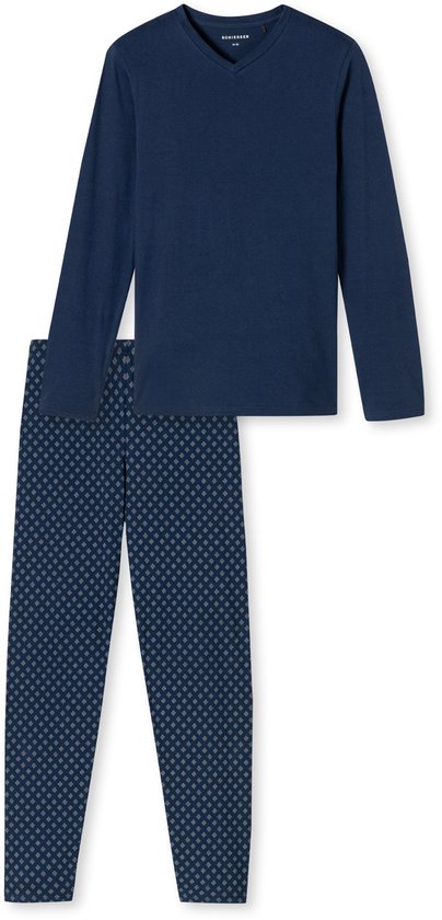 Donkerblauw pyjamaset met een effen top en een broek met ruitpatroon.