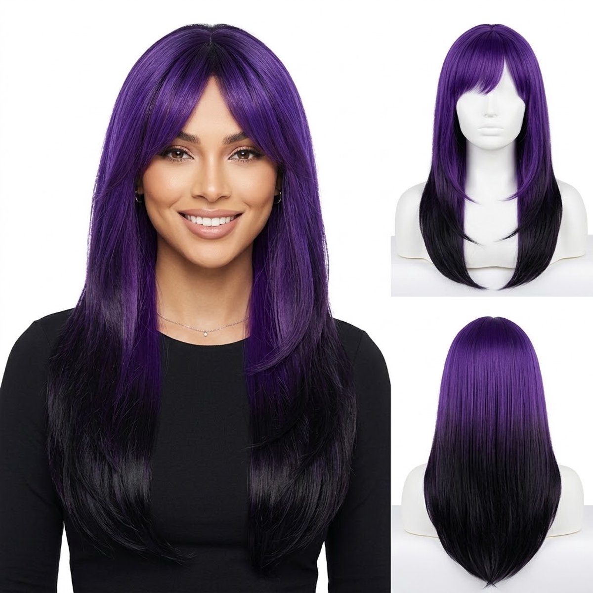 Nifkos Luxe Pruik Paars naar Zwart Ombré – Lang Steil Haar met Laagjes & Curtain Bangs – Hittebestendige Synthetische Vezel – Ademende & Verstelbare Cap – Dames Wig / Cosplay