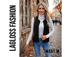 LaGloss® Dames Zwart Pluche Gilet – Warm Jacquard Vest zonder Mouwen – Casual Herfst- en Winter Vestjas met Ribbelstructuur - Maat M