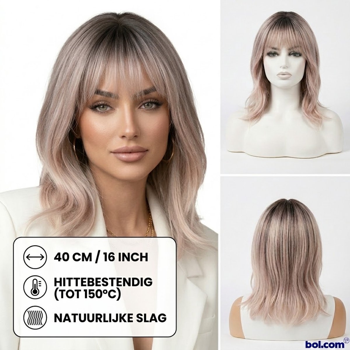 Nifkos Luxe Pruik met Donkere Aanzet en Pony – 40 cm (16 Inch) – Asblond / Zachtroze Ombré met Natuurlijke Slag – Hittebestendige Synthetische Vezel (tot 150°C) – Ademende & Verstelbare Cap – Dames Wig