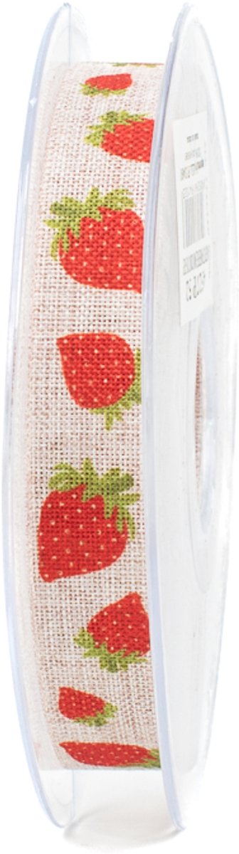 Decoratielint - cadeaulint - 15 mm x 20 meter - naturel - aardbeiprint