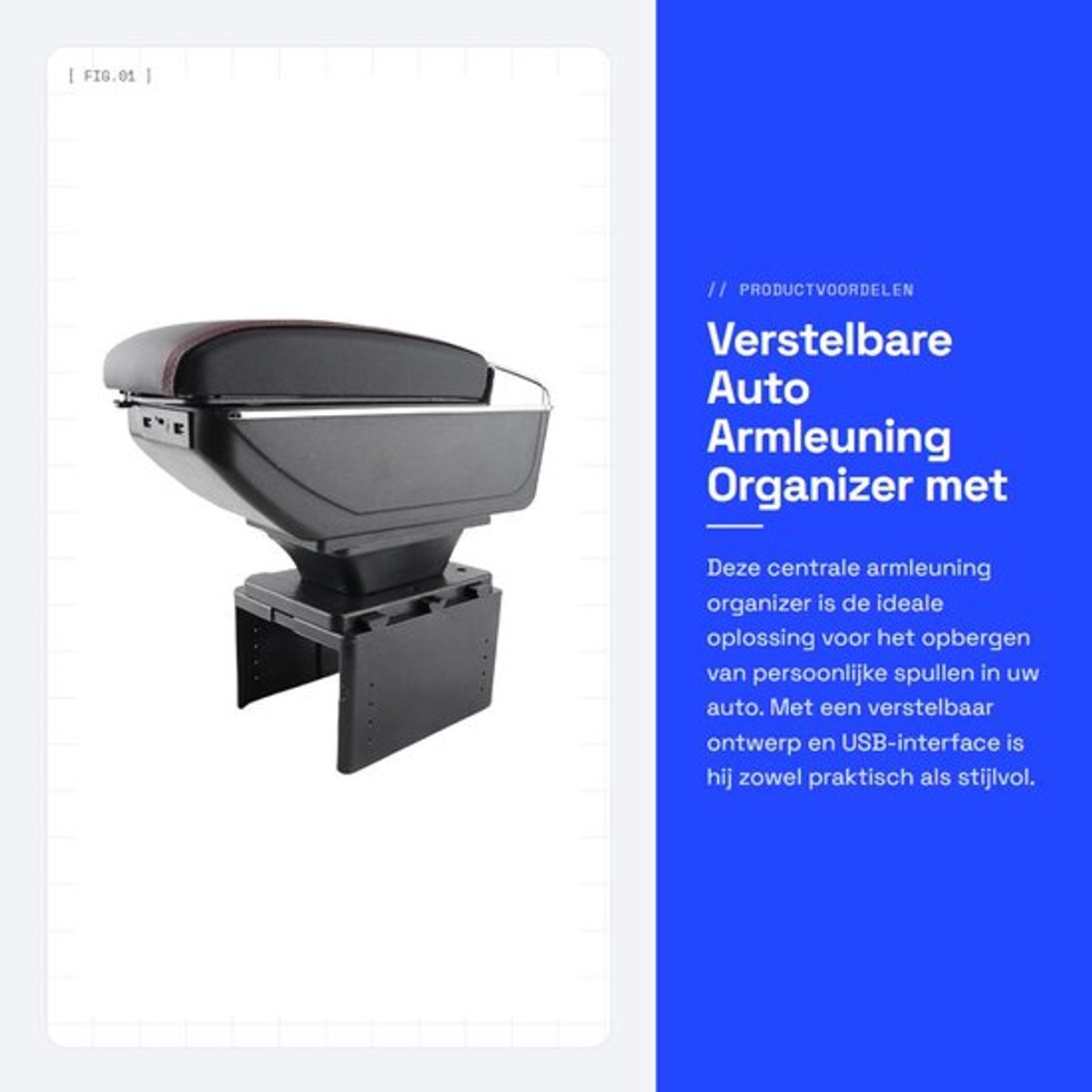 Verstelbare Auto Armleuning Organizer met USB-interface