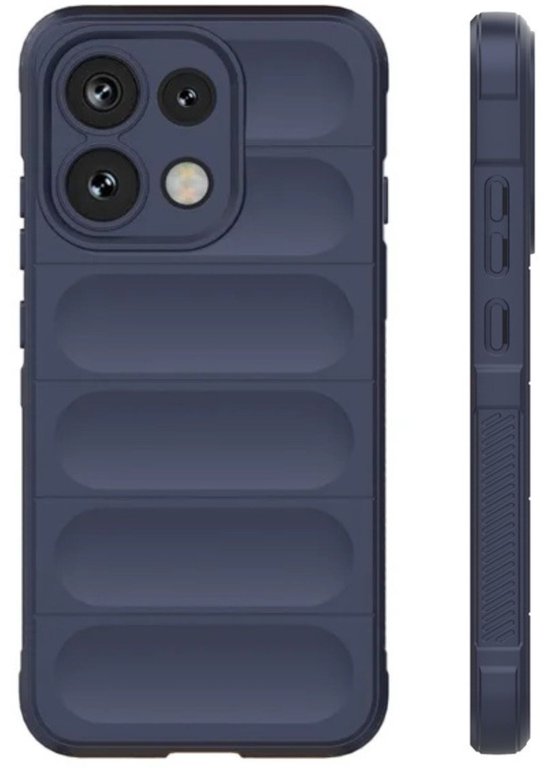 Coque de téléphone bleu nuit avec nervures horizontales, vue de face et de côté.