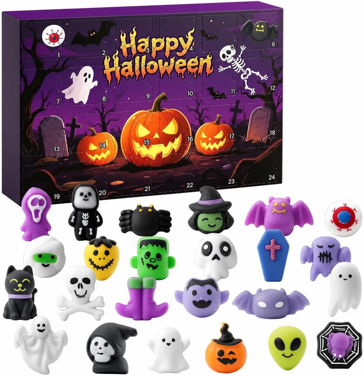 Halloween Adventskalender - 24 Delige Mochi Knijpspeeltjes - Aftelkalender voor Kinderen en Volwassenen - Trick or Treat Cadeautjes - Feestartikelen - Verzamelbare Squishy Toys - Geschikt voor Jongens en Meisjes - Spannende Verrassing per Dag